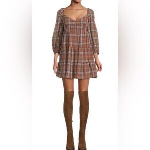 NWT Gianni Bini Lyla Plaid Print Sweetheart Square Neck A-Line Tiered Dress SZ M